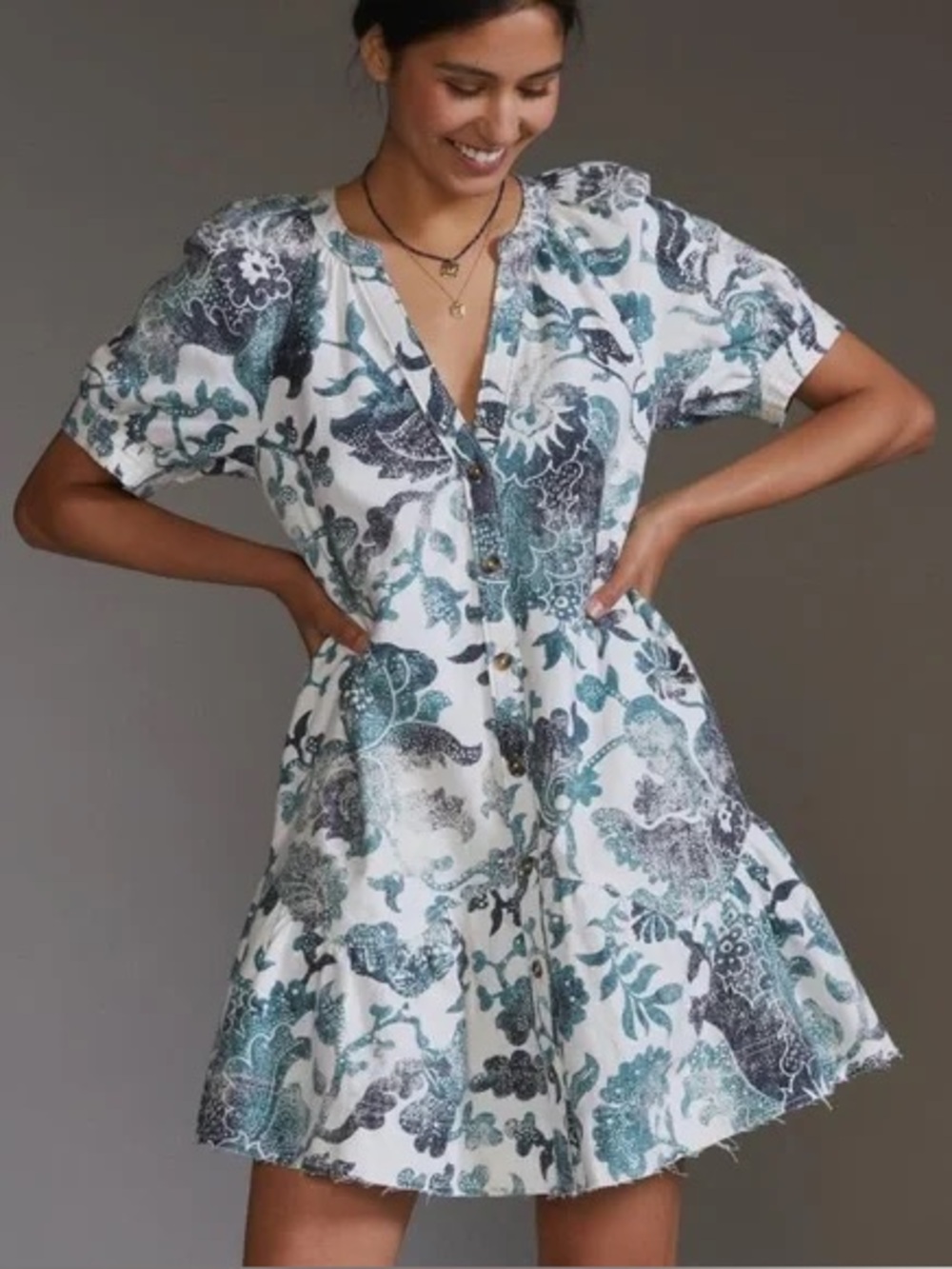 Anthropologie Pilcro Linen Blend Puff Sleeve Dress Size Large